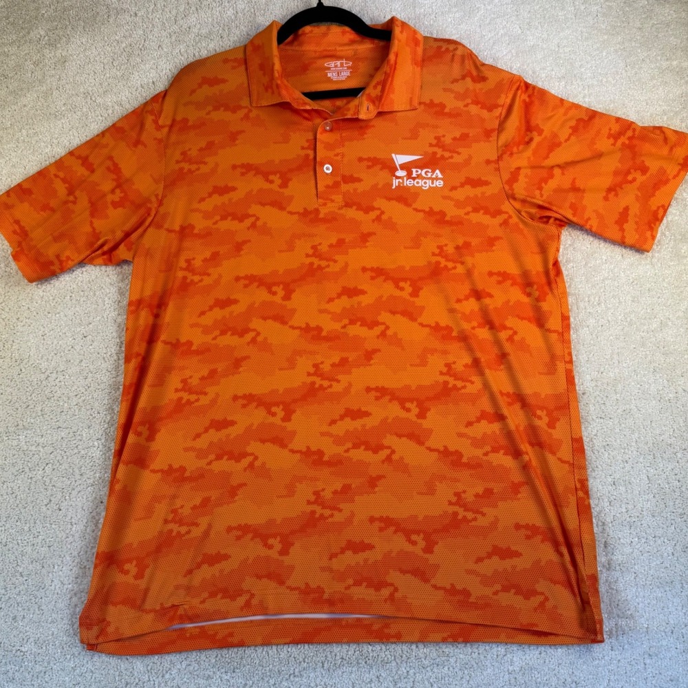 GARB Mens Large PGA Jr League Golf Polo Shirt Orange Camo Athletic Rock 1‎